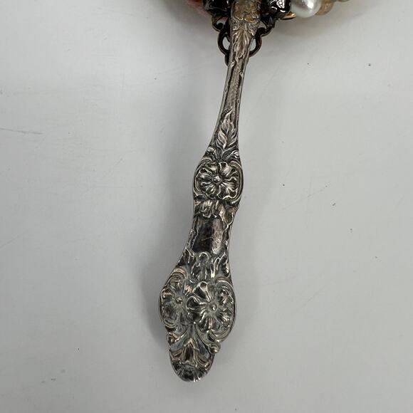 Handcrafted Bejeweled Handheld Mirror Miniature Ladies Mosaic Jewelry Beveled 5" - Picture 7 of 12